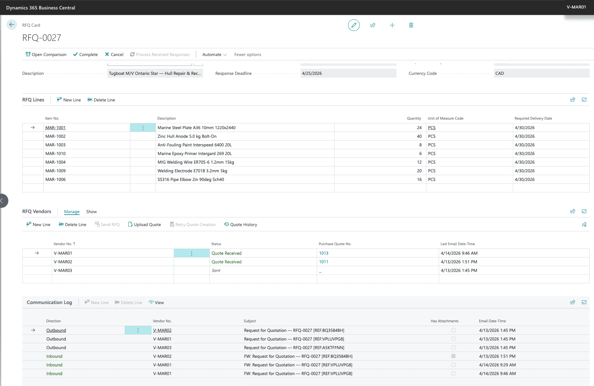 The RFQ card in Business Central — RFQ-0027 with item lines, invited vendors, and a communication log of inbound and outbound emails.