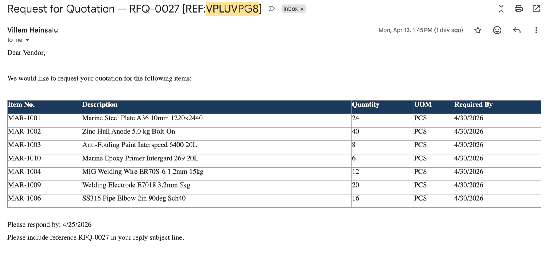 Outbound RFQ email sent from Business Central to a vendor, with a unique reference token in the subject line and an items table in the body.