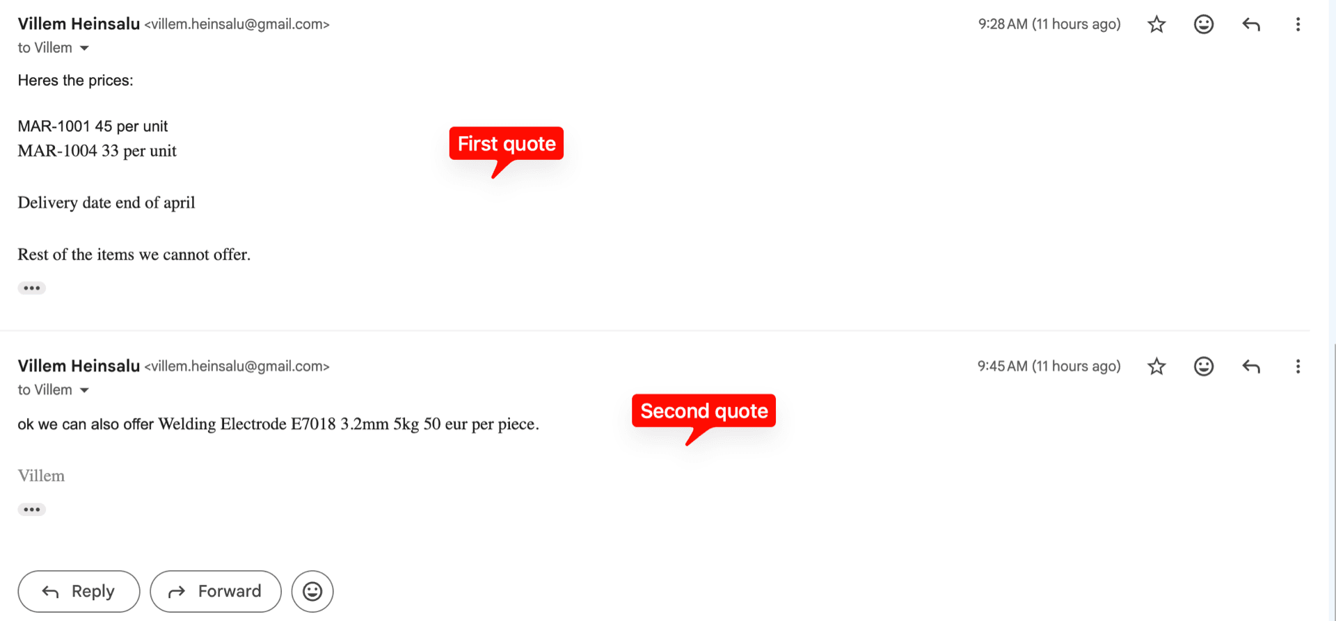 A vendor reply email — informal plain-text quote listing item prices, partial offers, and a delivery date.