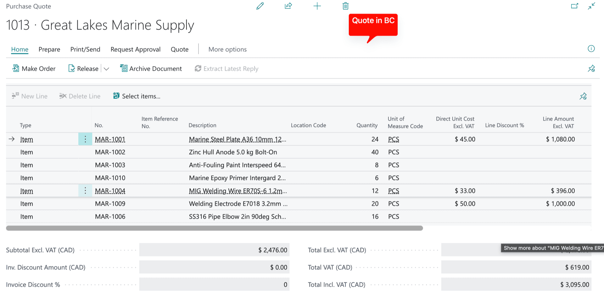 Standard Business Central Purchase Quote, automatically created from the AI-extracted vendor reply, with item lines, prices, and totals.