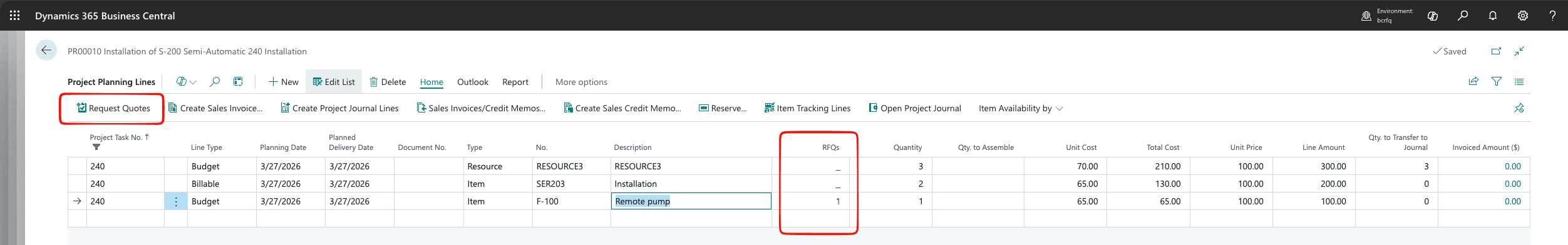 Project Planning Lines page in Business Central — a Request Quotes action sits in the ribbon, and an RFQs column on the line grid shows the count of RFQs each planning line is on.